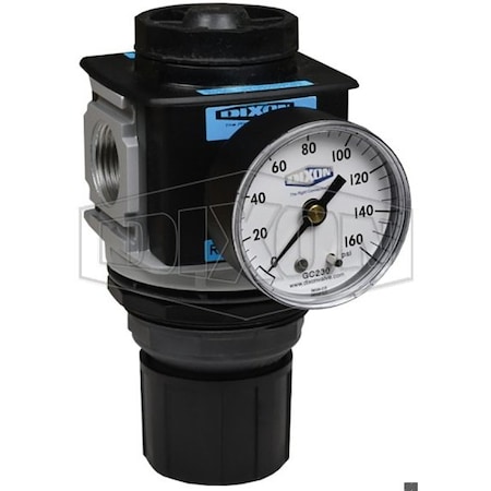 Dixon Wilkerson by Self-Relieving Standard Regulator with GC230 Gauge, 3/8 in NPT/BSPP-G, 162 SCFM Flow Ra R28-03RG
